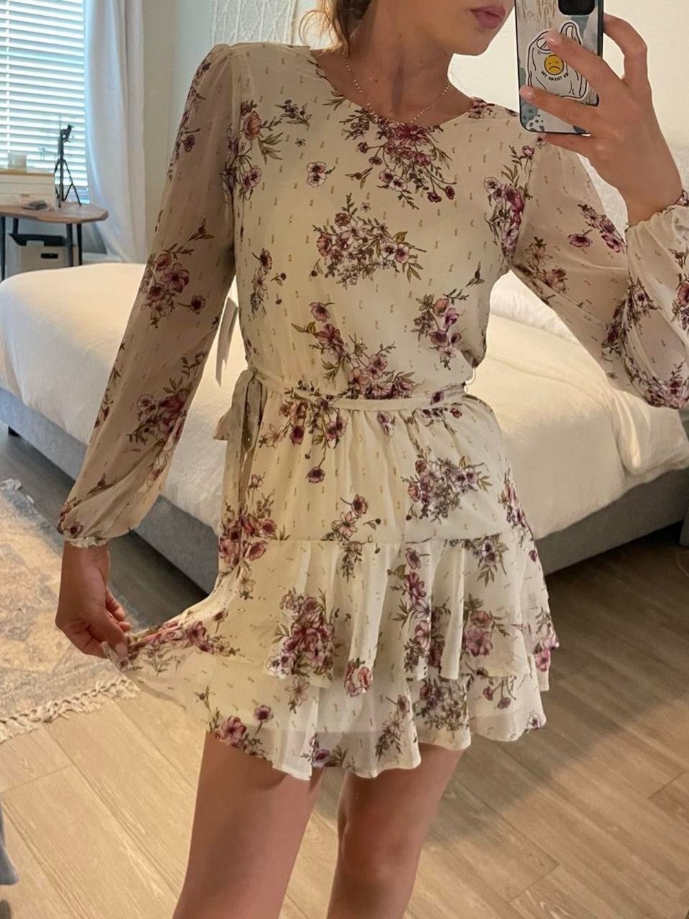 Floral Ruffle Long-Sleeve Mini Dress - Cream with Pink Blossoms